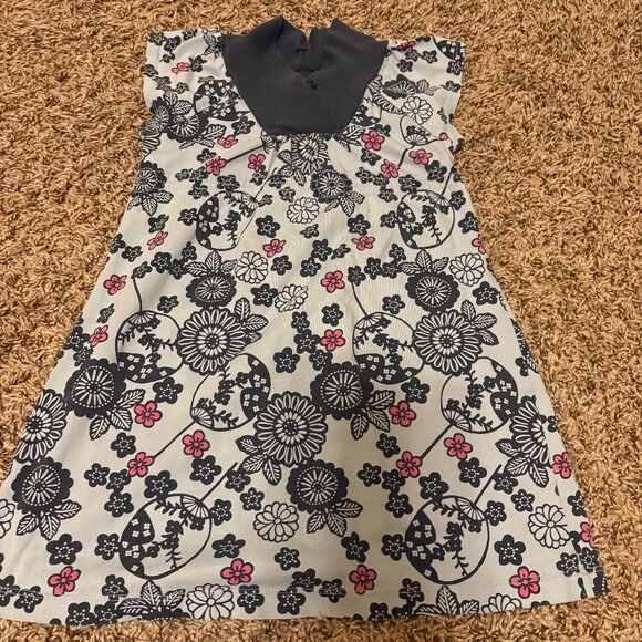 Tea Collection Floral Print Dress 4 Blue Short Sleeve 100% Cotton Gathered Waist - Picture 1 of 3
